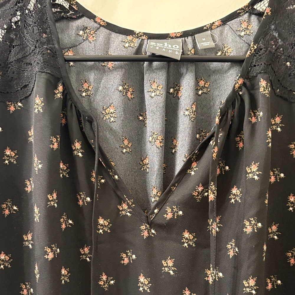 New York & Company Black Blouse with Pink Floral Pattern - Picture 5 of 9